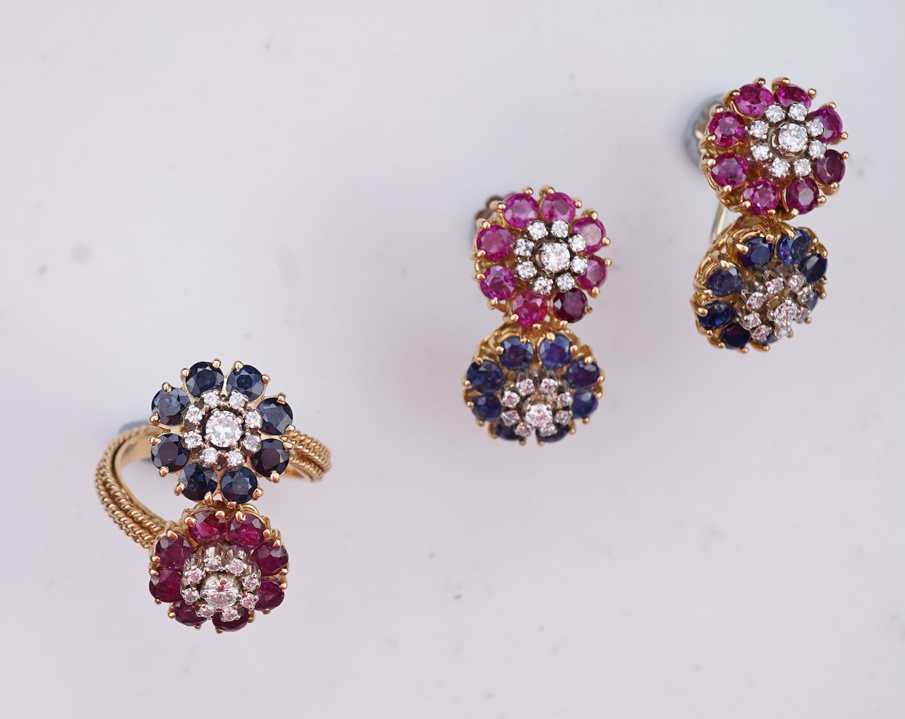 A sapphire, ruby and diamond demi-parure, mid 20th century
